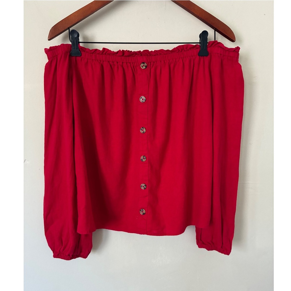 Guess Los Angeles Red Off The Shoulder Button Front Long‎ Sleeve Blouse S Boho